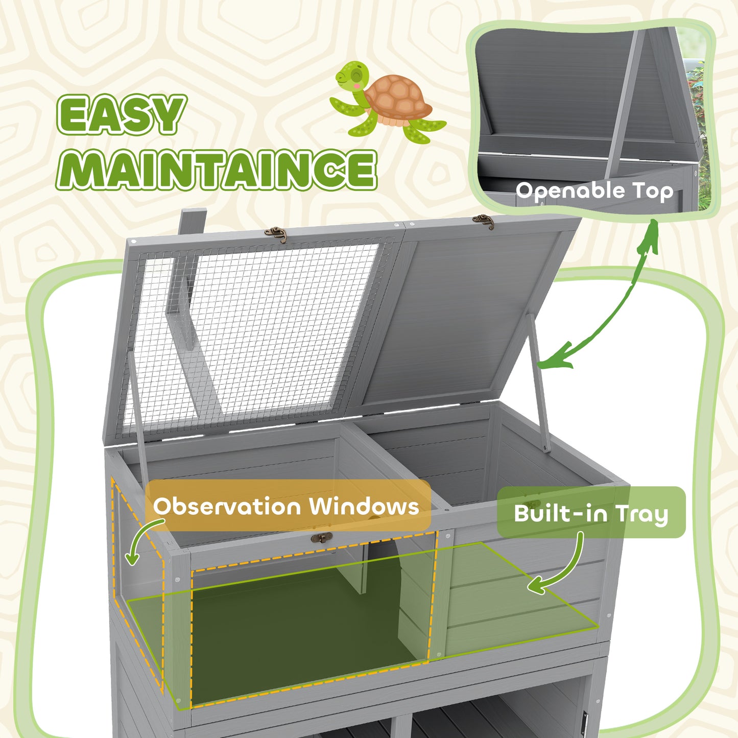PawHut Wooden Tortoise House with Storage Cabinet, Openable Top, Lamp Holder, Windows, Light Grey