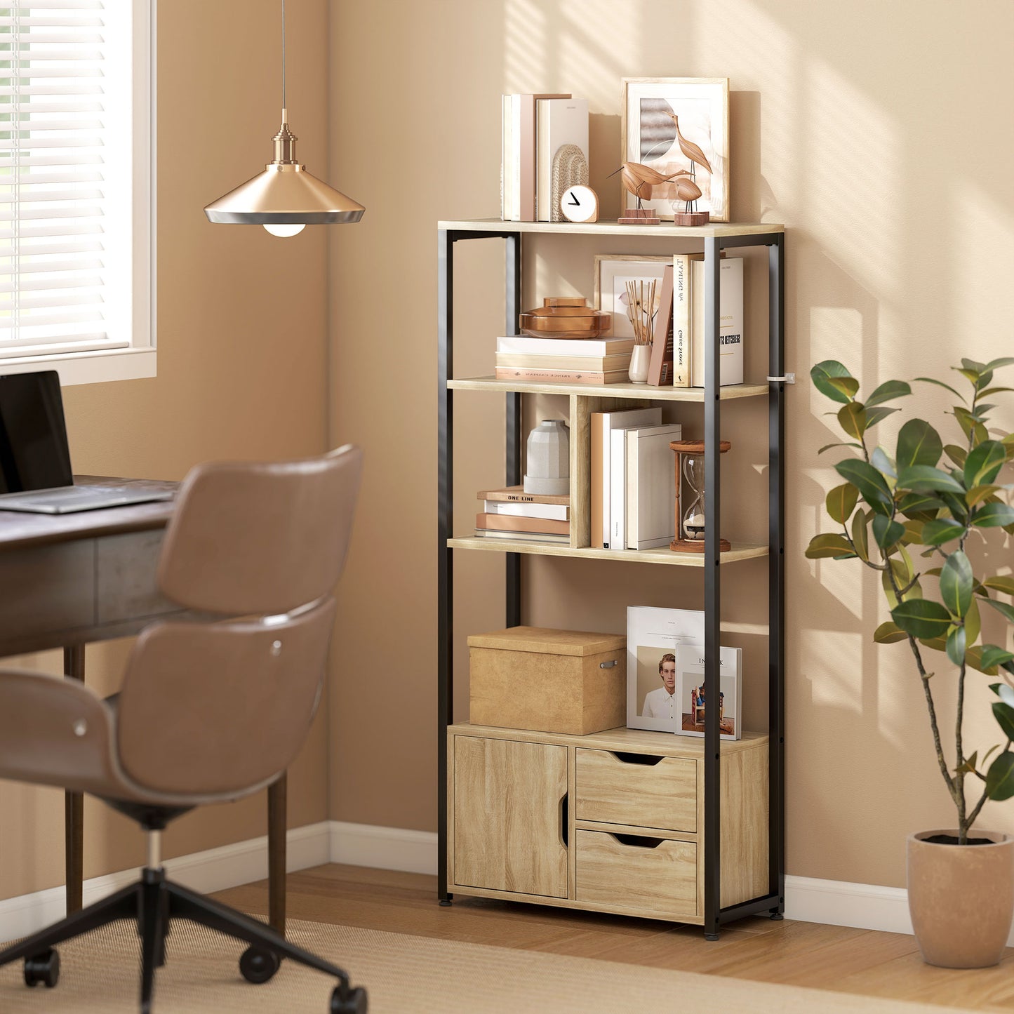 HOMCOM 4-Tier Bookcase, Bookshelf with 1 Cabinet and 2 Drawers for Living Room, Bedroom, Study, Natural Wood