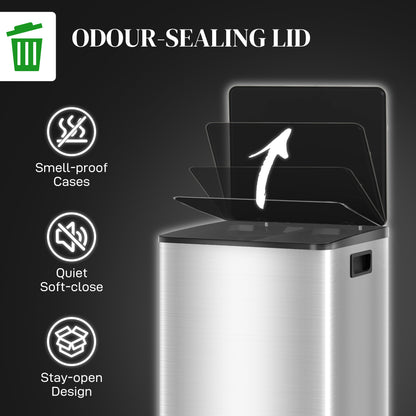 HOMCOM 40L Dual Compartment Stainless Steel Bin, with Deodoriser Holders - Silver Tone