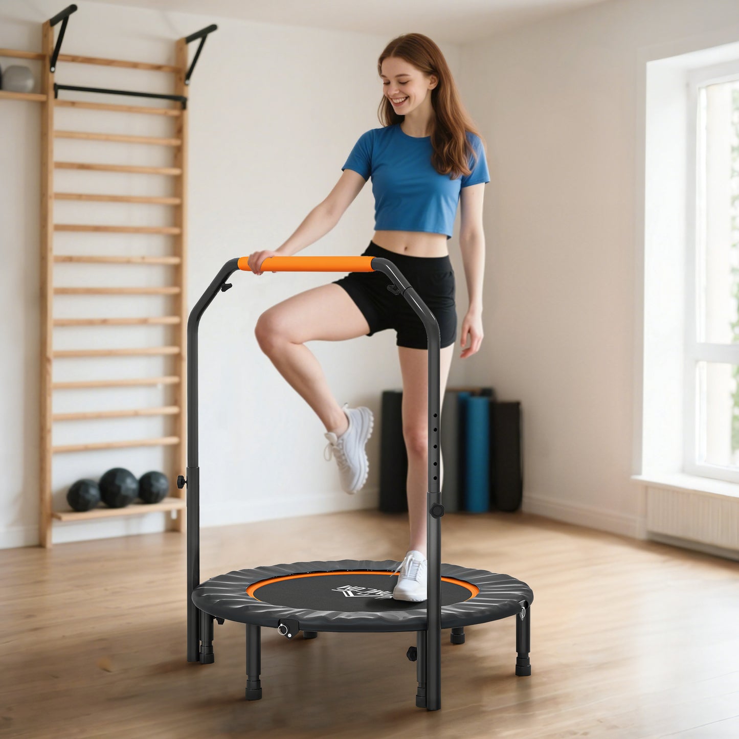 HOMCOM 40" Foldable Mini Fitness Trampoline, with Adjustable Foam Handle, Orange
