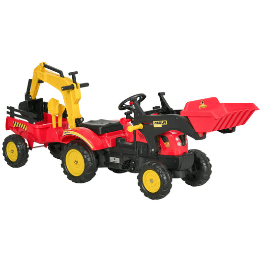 HOMCOM Ride On Tractor for Kids, 3 in 1 Ride On Excavator Toy Car with Adjustable Bucket, Digger and Removable Trailer, Pretend Play Construction Truck for 3-6 Years
