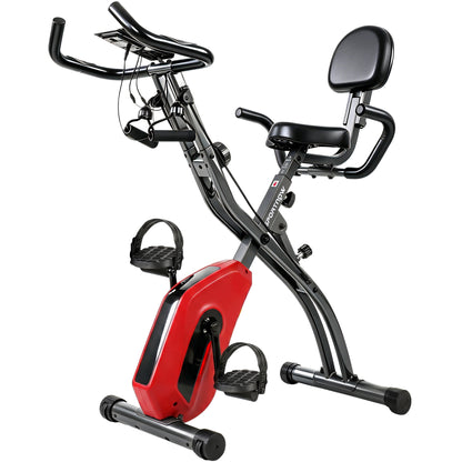 SPORTNOW 4-In-1 Folding Exercise Bike with Resistance Bands, Bluetooth App, 8-Level Magnetic Resistance, LCD Display, Red