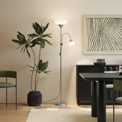 HOMCOM LED Floor Lamp for Living Room, 180cm Tall Standing Lamp, Mother and Child Uplighter with Adjustable Gooseneck, Silver Tone