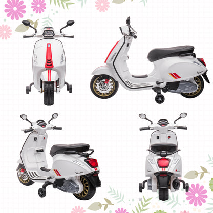 AIYAPLAY 12V Vespa Licensed Kids Electric Motorbike w/ Music, Lights, FM Radio, for 3-6 Years - White