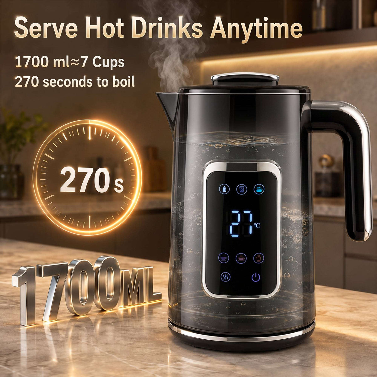 HOMCOM Electric Kettle, 1.7L Fast Boil 3000W Water Kettle with LED Display, Adjustable Temperature, Keep Warm Function, Black