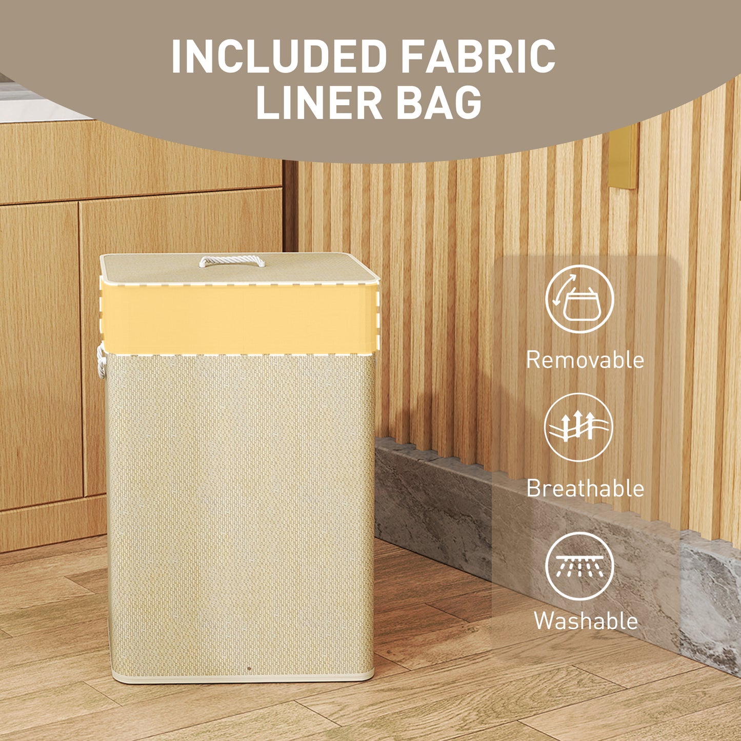 HOMCOM Bamboo Laundry Basket with Lid, 72L Laundry Hamper with Rope Handles, Washing Basket with Removable Washable Liner Bag for Bathroom, Bedroom, Nature Wood Finish