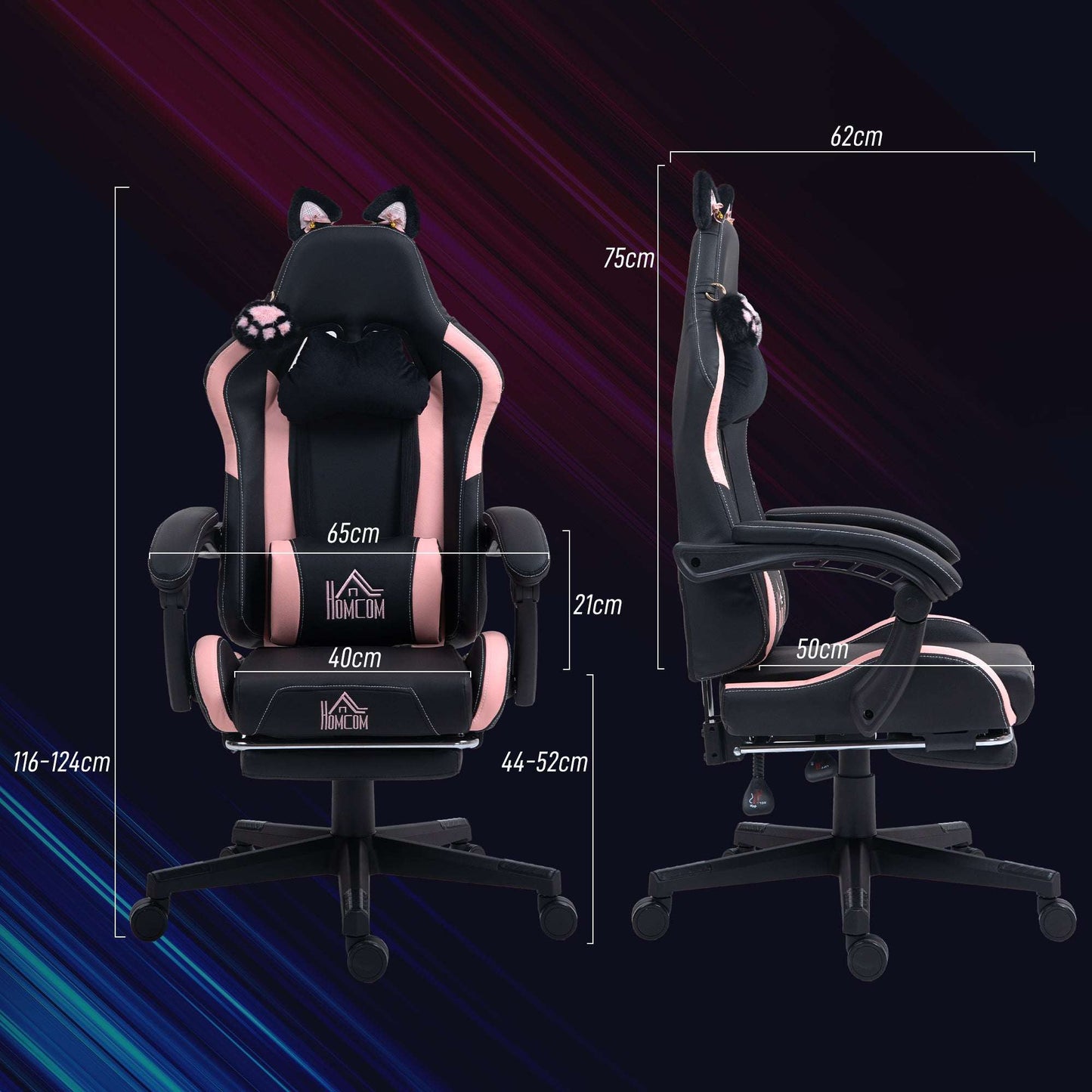 HOMCOM Cat Ear and Paw Reclining Office Chair, with Footrest - Black/Pink