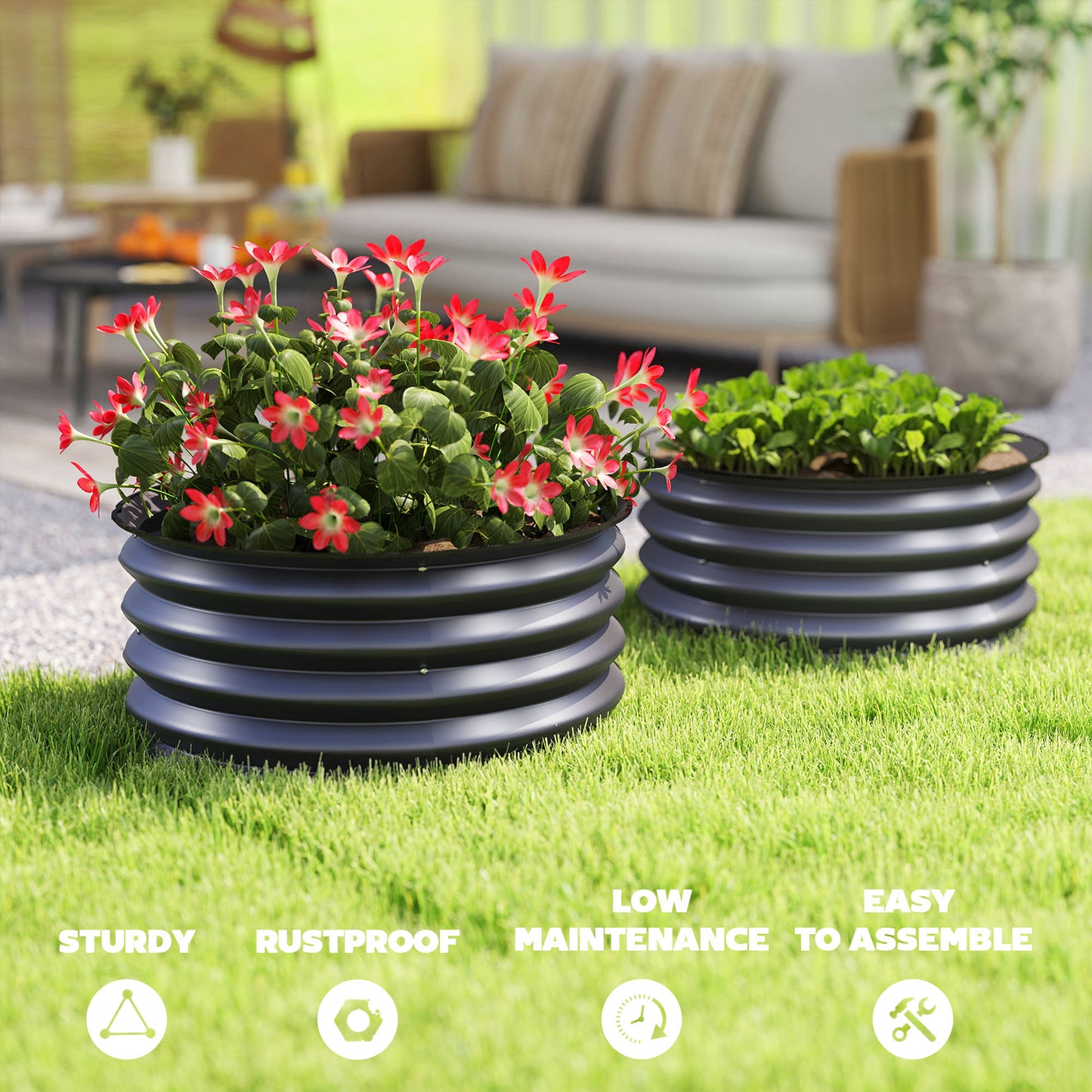 Outsunny Set of 2 Raised Garden Bed, Metal Planter Box with Safety Edging, Easy-to-assemble Stock Tank, Dark Grey