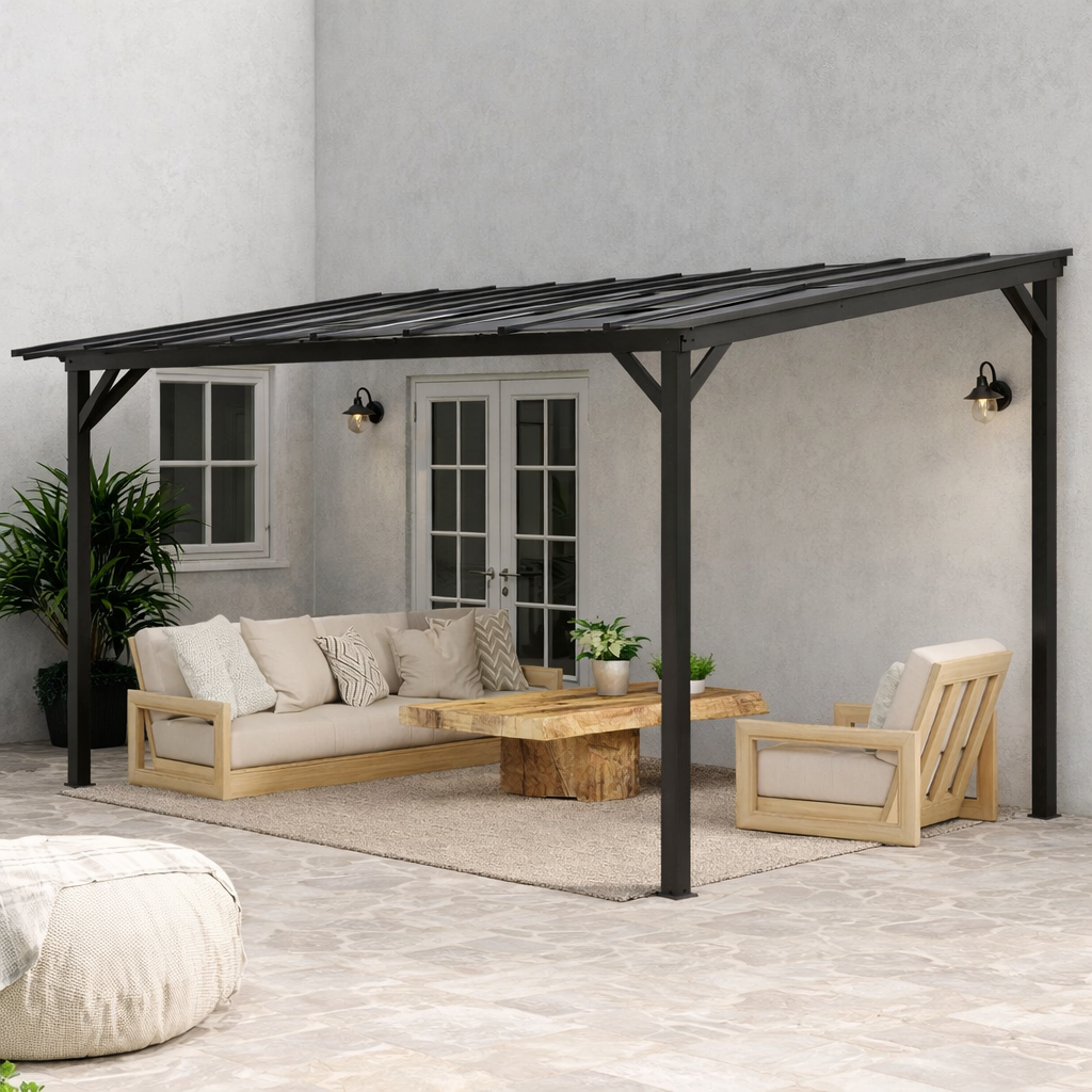 Outsunny 3 x 4.3 m Lean to Pergola with UPF 50+ Waterproof Polycarbonate Roof, Wall-Mounted or Free Standing Hardtop Roof Garden Metal Pergola Gazebo, Heavy Duty Outdoor Sun Shade, Dark Grey--ChewyGames-ChewyGames