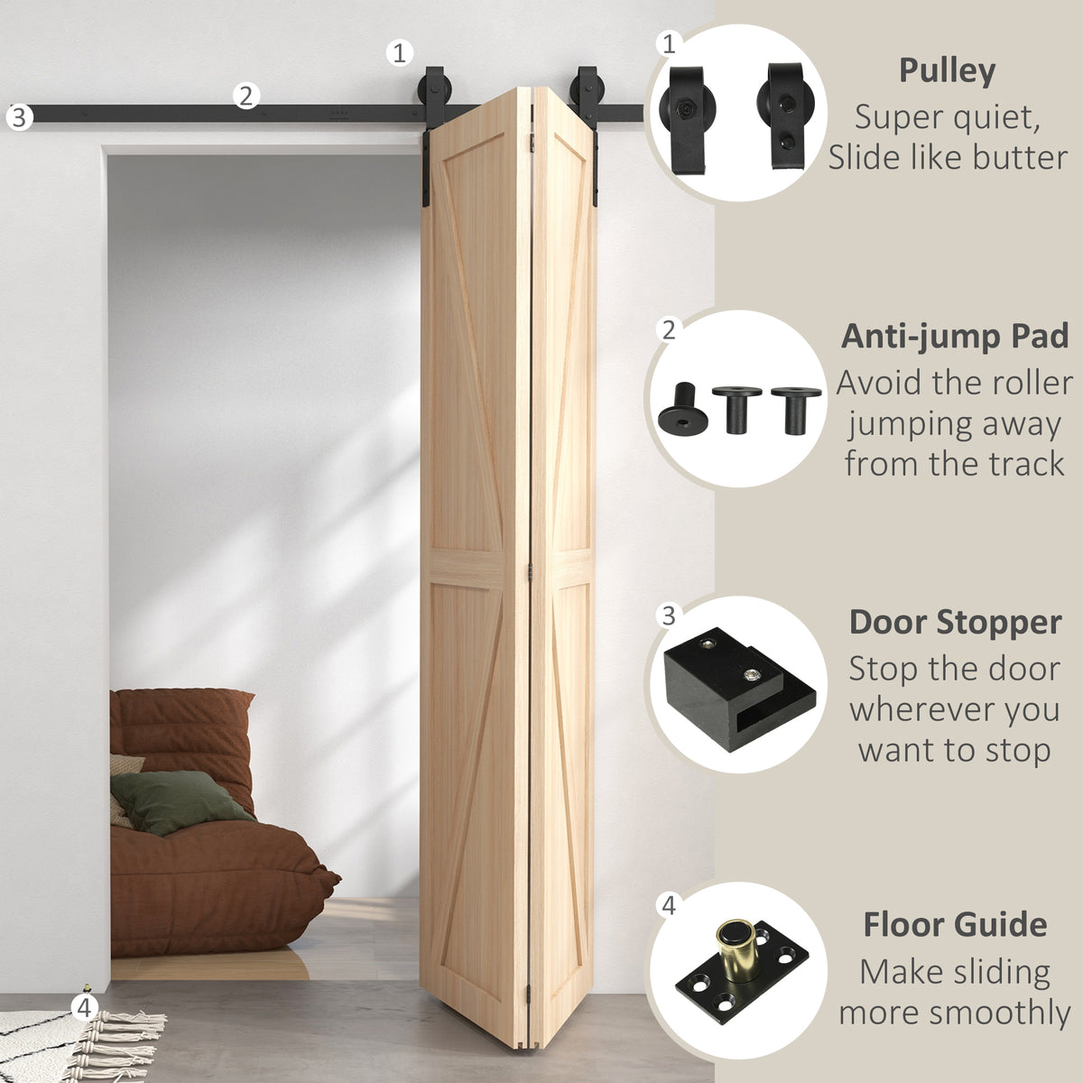 HOMCOM 5ft Bi-Folding Sliding Barn Door Hardware Kit - Black
