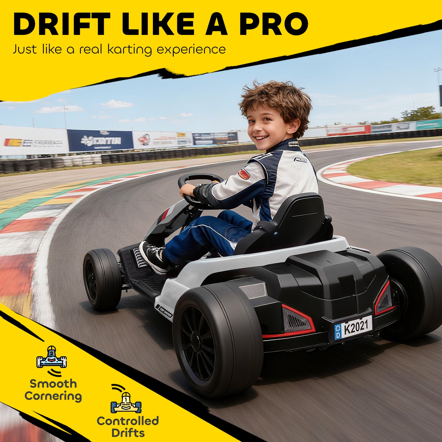 AIYAPLAY 24V Electric Go Kart, Drift Kart with Adjustable Seat, Slow Start, 5-Point Harness, Music, Horn, for 6-12 Years, White