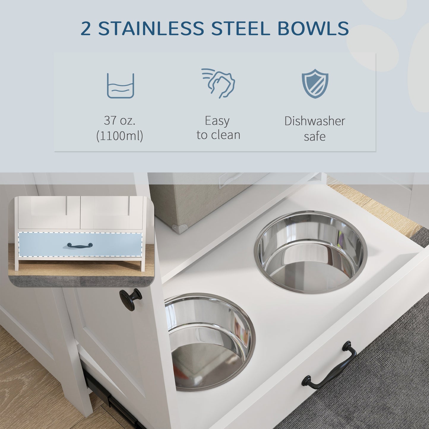PawHut Pet Feeding Station with Raised Dog Bowls, Adjustable Panel, Hooks, White