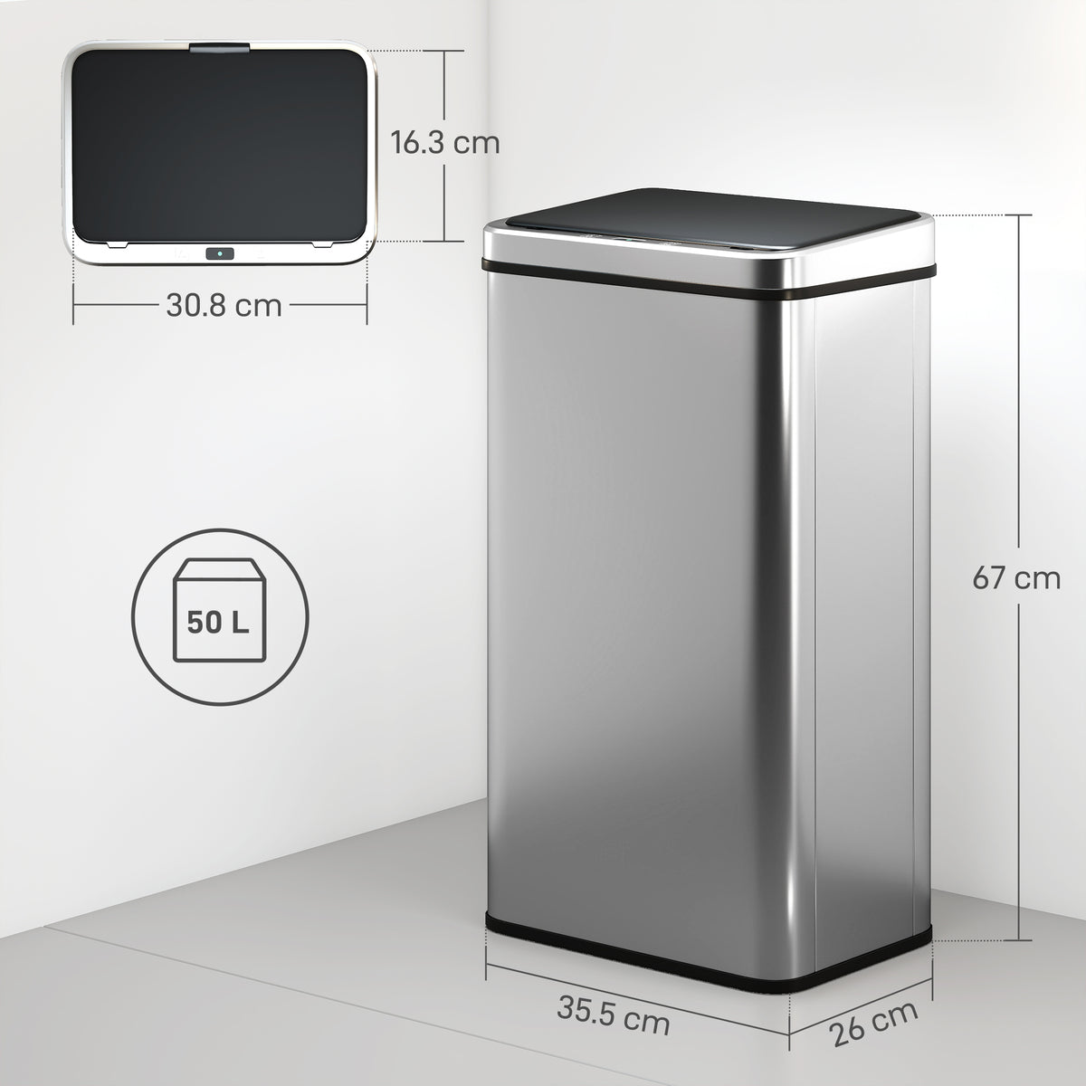 HOMCOM 50L Sensor Bin with Soft-Close Lid, Stainless Steel Automatic Touchless Motion Sensor Kitchen Bin, Silver Tone