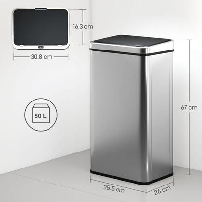 HOMCOM 50L Sensor Bin with Soft-Close Lid, Stainless Steel Automatic Touchless Motion Sensor Kitchen Bin, Silver Tone
