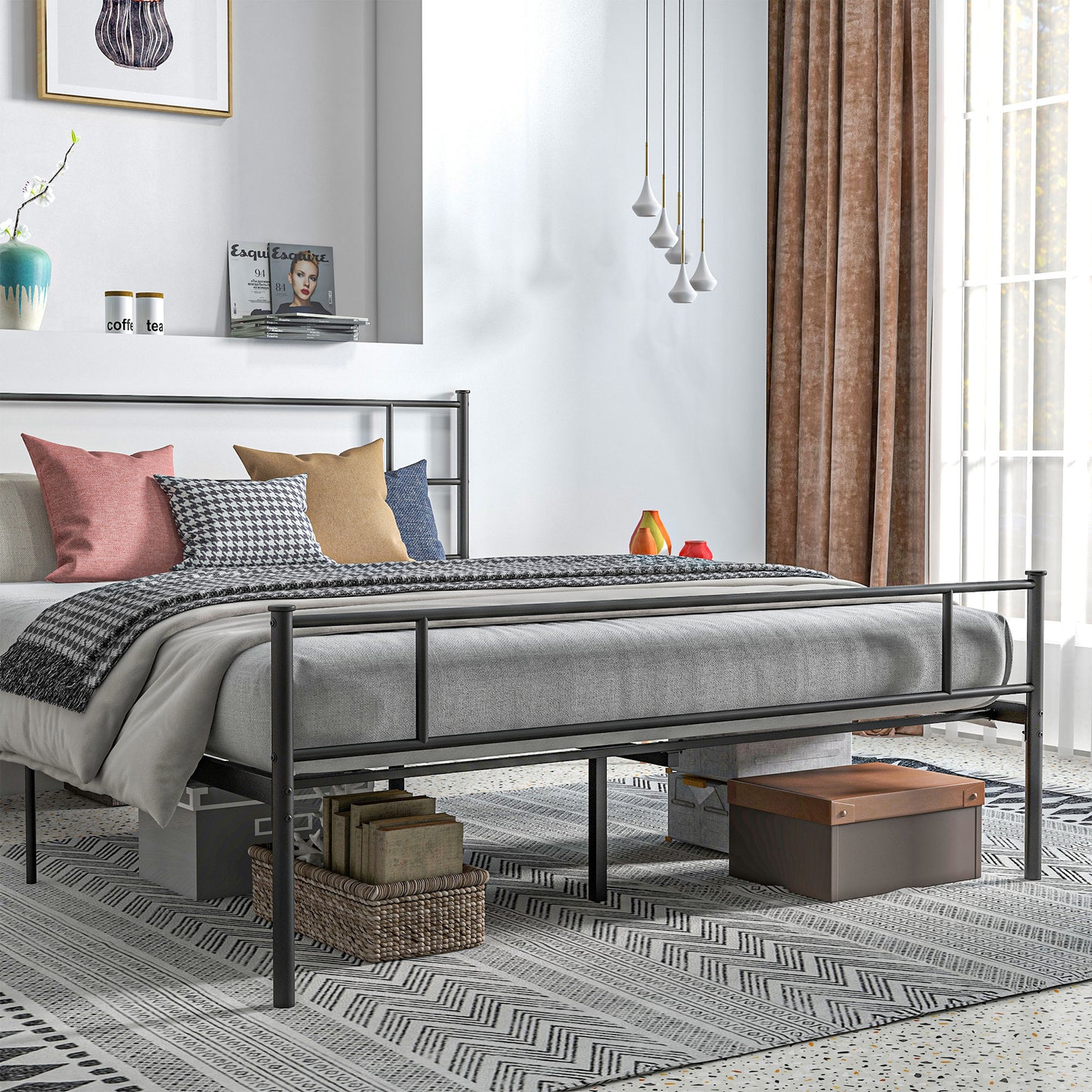 HOMCOM King Metal Bed Frame Solid Bedstead Base with Headboard and Footboard, Metal Slat Support and Underbed Storage Space, Bedroom Furniture, Black
