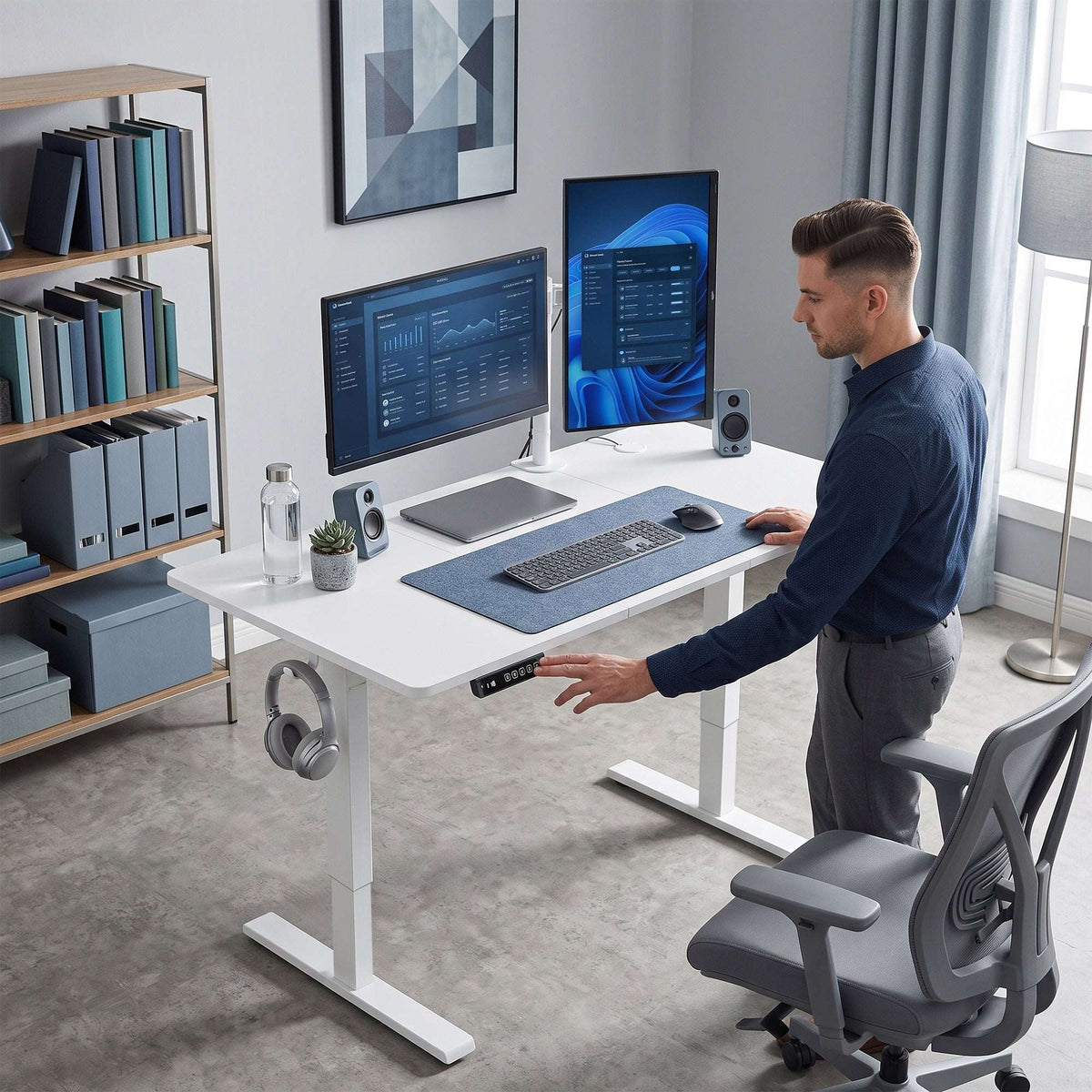 HOMCOM Standing Desk Memory Control Height Adjustable Desk 2 Cable Holes LED Display Sit Stand Desk White