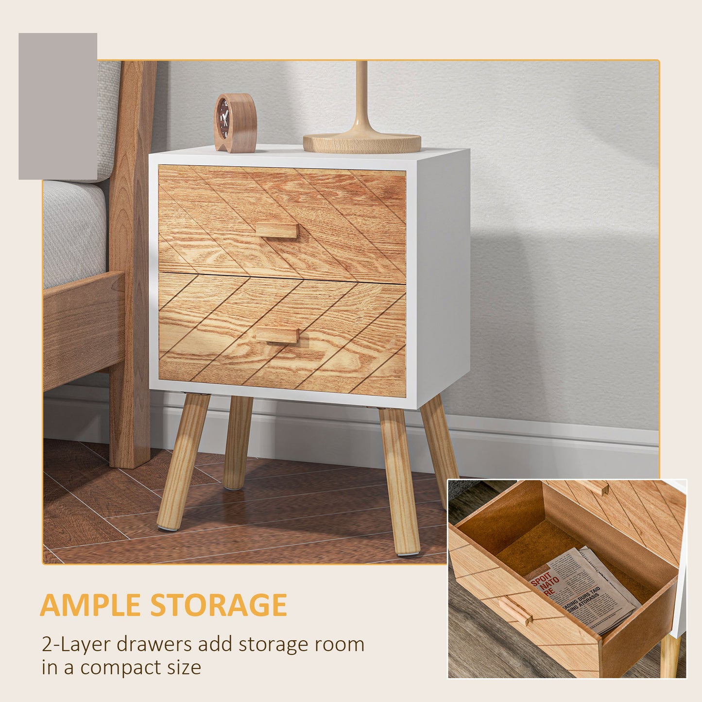 HOMCOM Bedside Table Set of 2, Modern Bedside Cabinets with Drawer and Pine Wood Legs, Nightstand for Bedroom, White and Natural