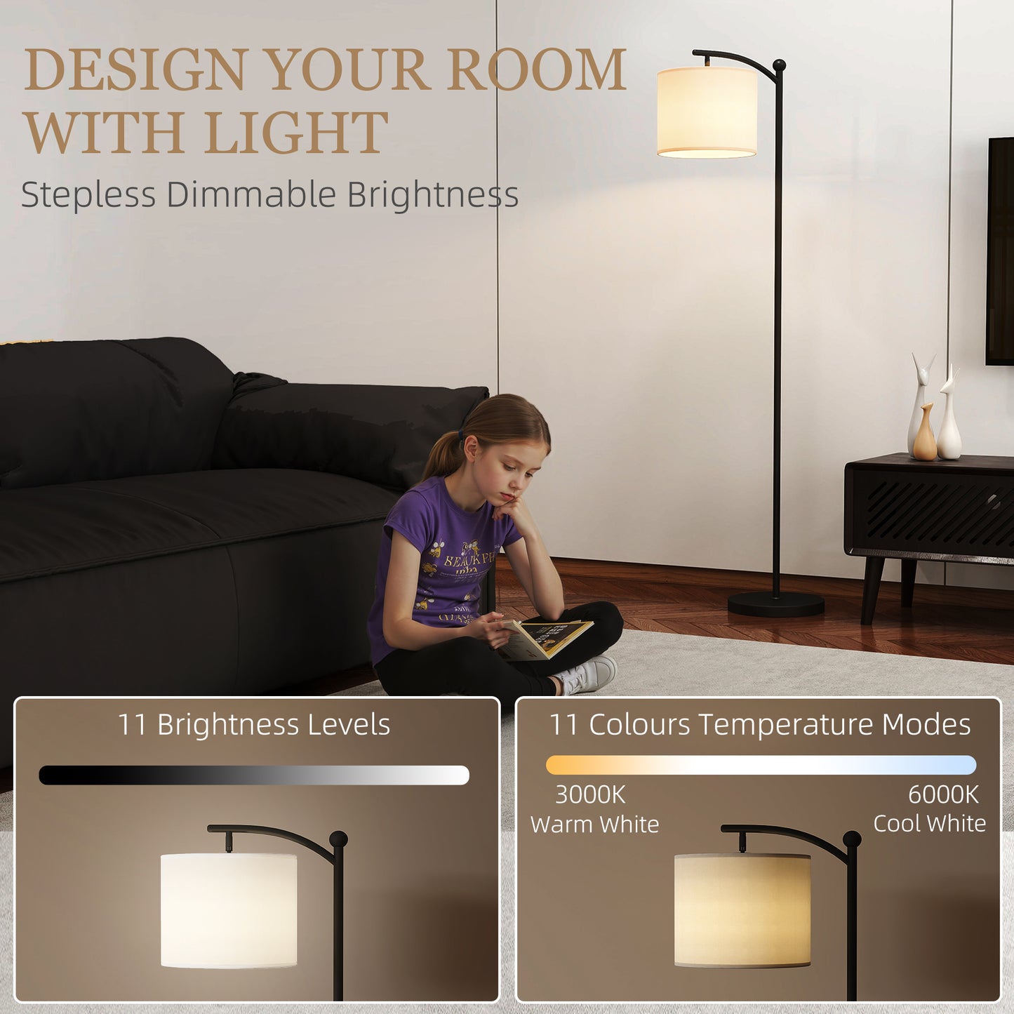 HOMCOM LED Floor Lamp with Remote Control - Black