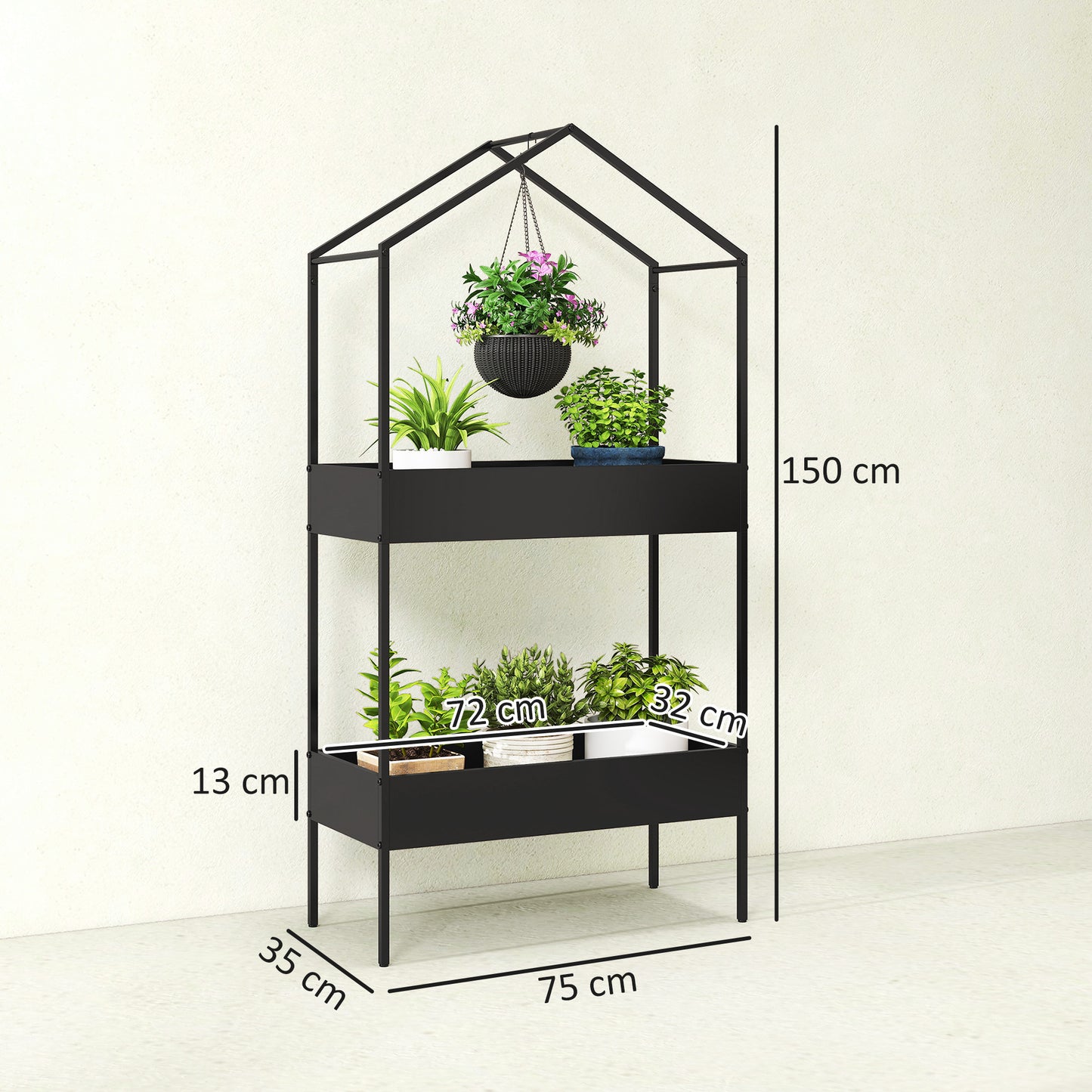 Outsunny 2 Tier Plant Stand, Outdoor Indoor Metal Plant Stand with Hook, House-Shaped Pots Holder Display Rack, Black