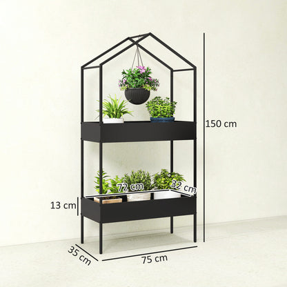 Outsunny 2 Tier Plant Stand, Outdoor Indoor Metal Plant Stand with Hook, House-Shaped Pots Holder Display Rack, Black