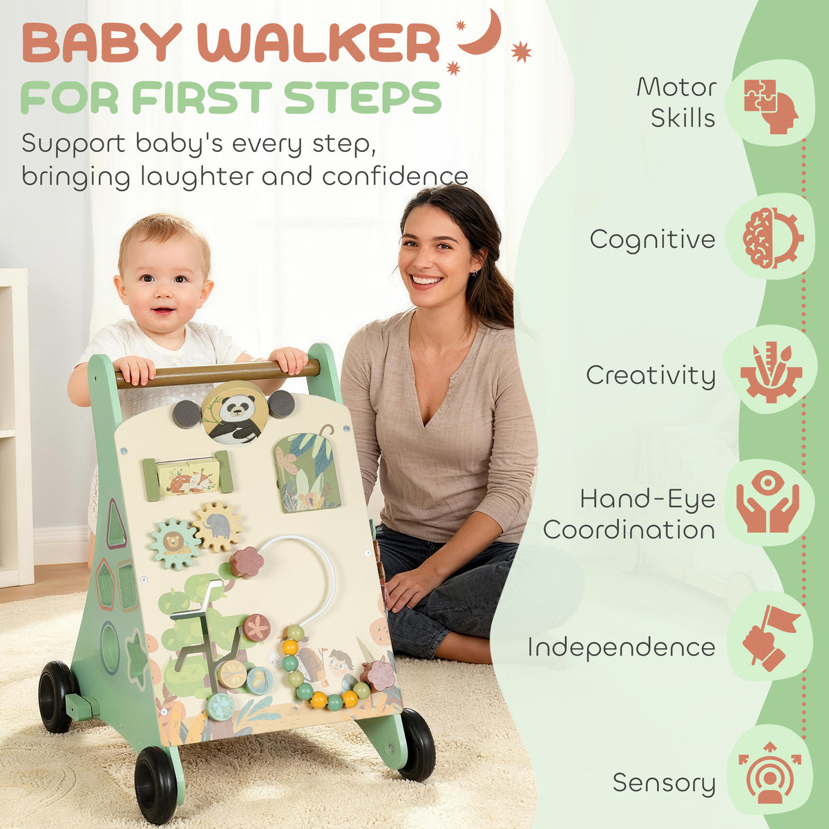 AIYAPLAY Wooden Baby Walker, Push Along Walker Toys with Speed Control, Xylophone, gears and Bead Maze, Green--ChewyGames-AIYAPLAY