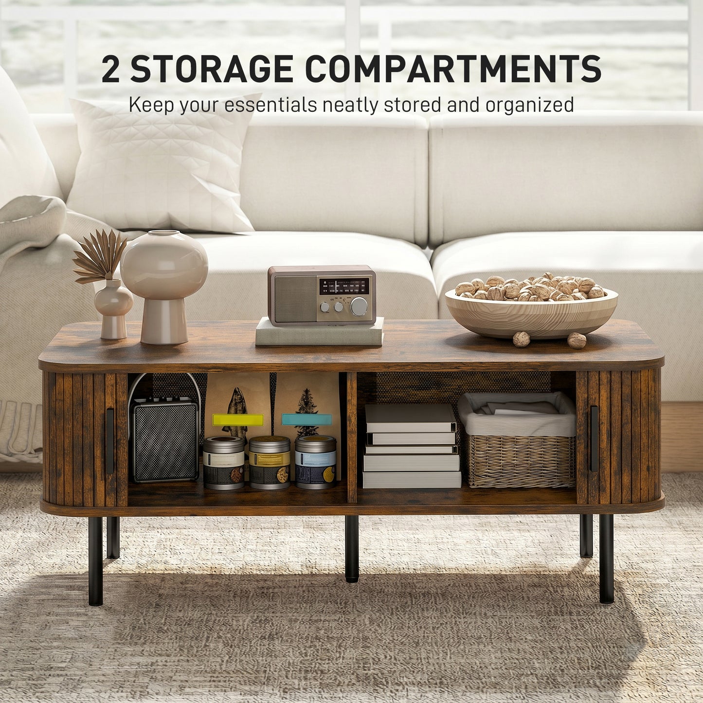 HOMCOM Coffee Table with Storage, Living Room Table with Slatted Tambour Sliding Doors and Adjustable Foot Pads, Rectangular Coffee Table with Elevated Base for Living Room, Rustic Brown