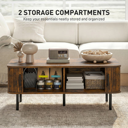 HOMCOM Coffee Table with Storage, Living Room Table with Slatted Tambour Sliding Doors and Adjustable Foot Pads, Rectangular Coffee Table with Elevated Base for Living Room, Rustic Brown