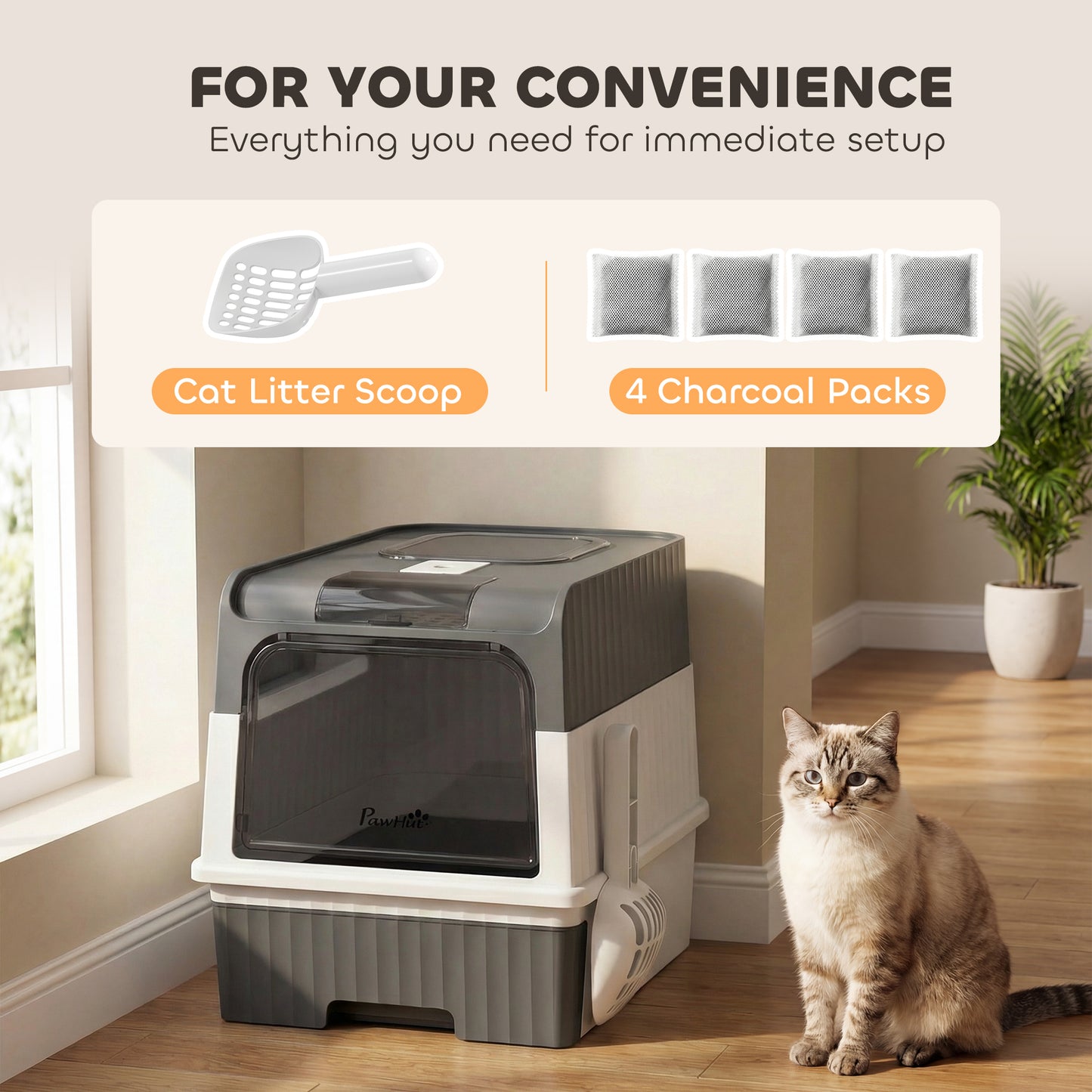 PawHut Enclosed Cat Litter Box with Lid, Pull-Out Drawer Tray, Scoop, 4 Deodorisation Bags, Front Entry & Top Exit, Grey