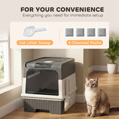 PawHut Enclosed Cat Litter Box with Lid, Pull-Out Drawer Tray, Scoop, 4 Deodorisation Bags, Front Entry & Top Exit, Grey