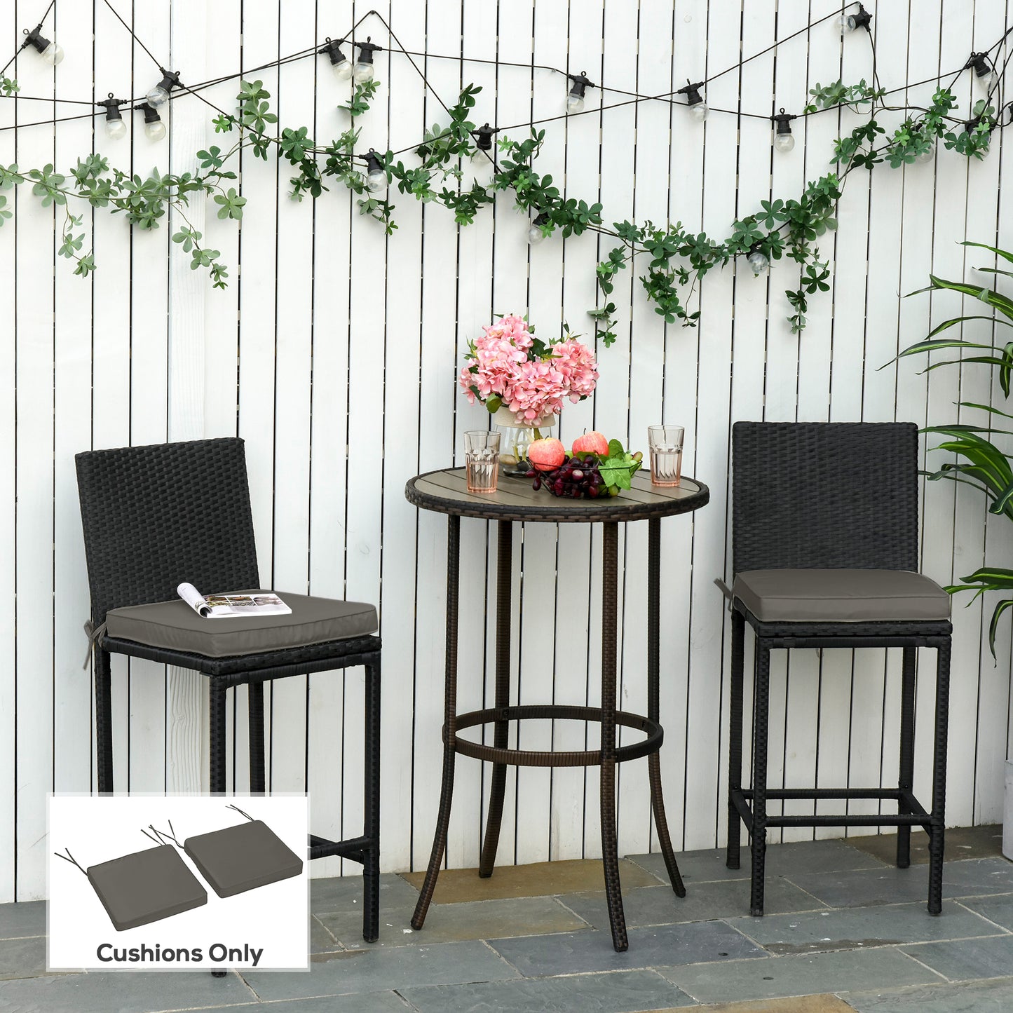 Outsunny Set of 2 Garden Chair Cushions with Ties, 45 x 45 cm Replacement Cushions for Outdoor Furniture, Dark Grey