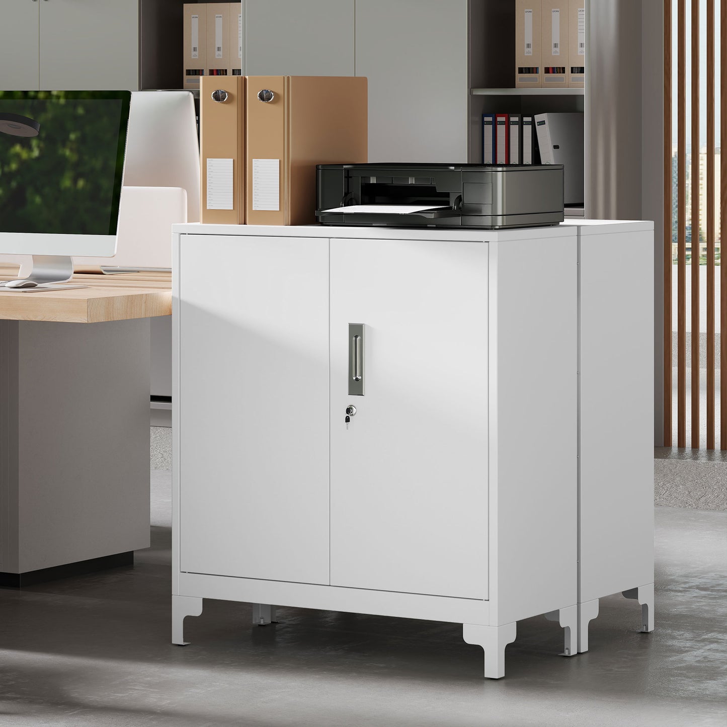 HOMCOM Lockable Metal Filing Cabinet, 2-Tier Storage Cupboard with Double Doors, Modern Office Organiser, White