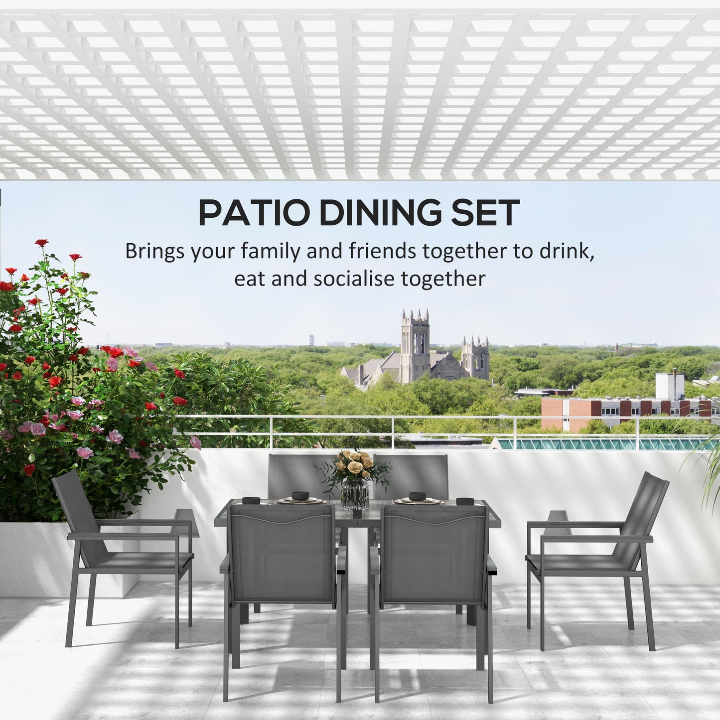Outsunny Seven-Piece Metal Dining Set, with Glass-Top Table - Grey