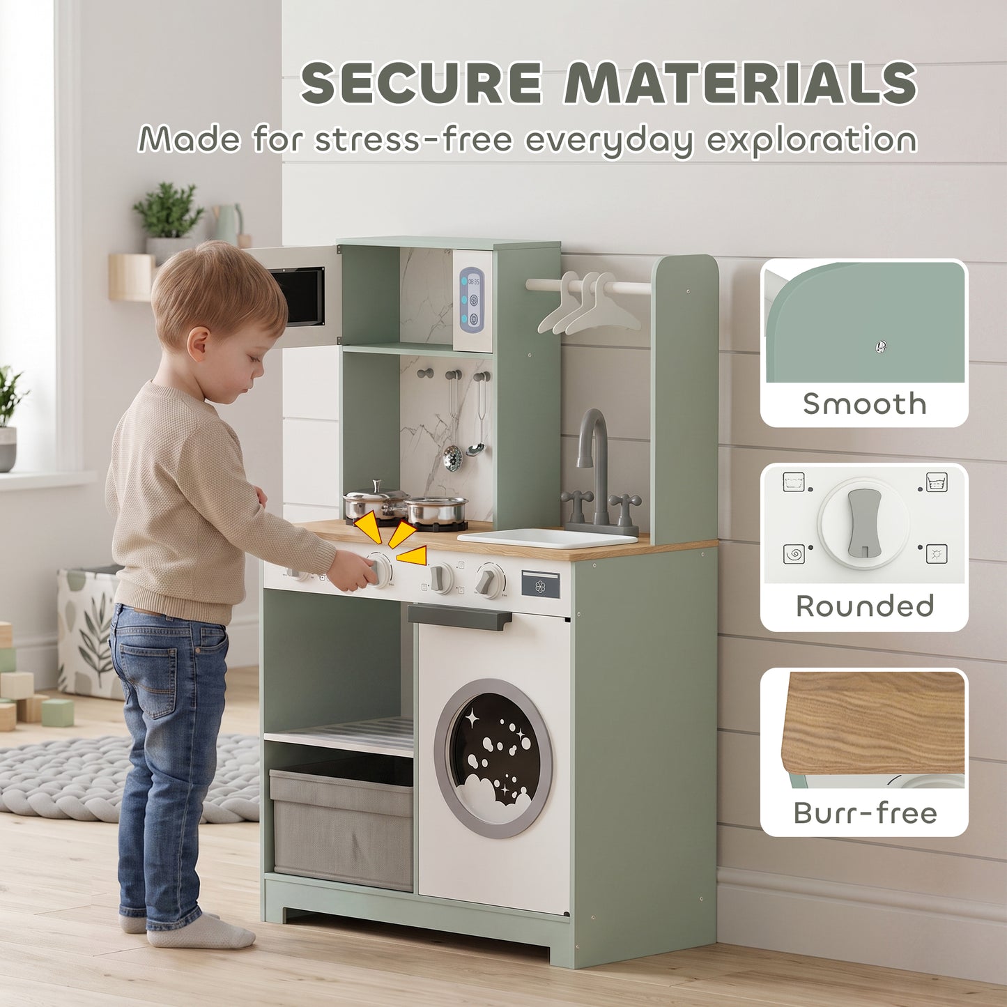 AIYAPLAY Kids Play Kitchen, Pretend Play Toy Kitchen Playset with Stove, Sink, Microwave, 5Pcs Accessories for 3-6 Years, Green