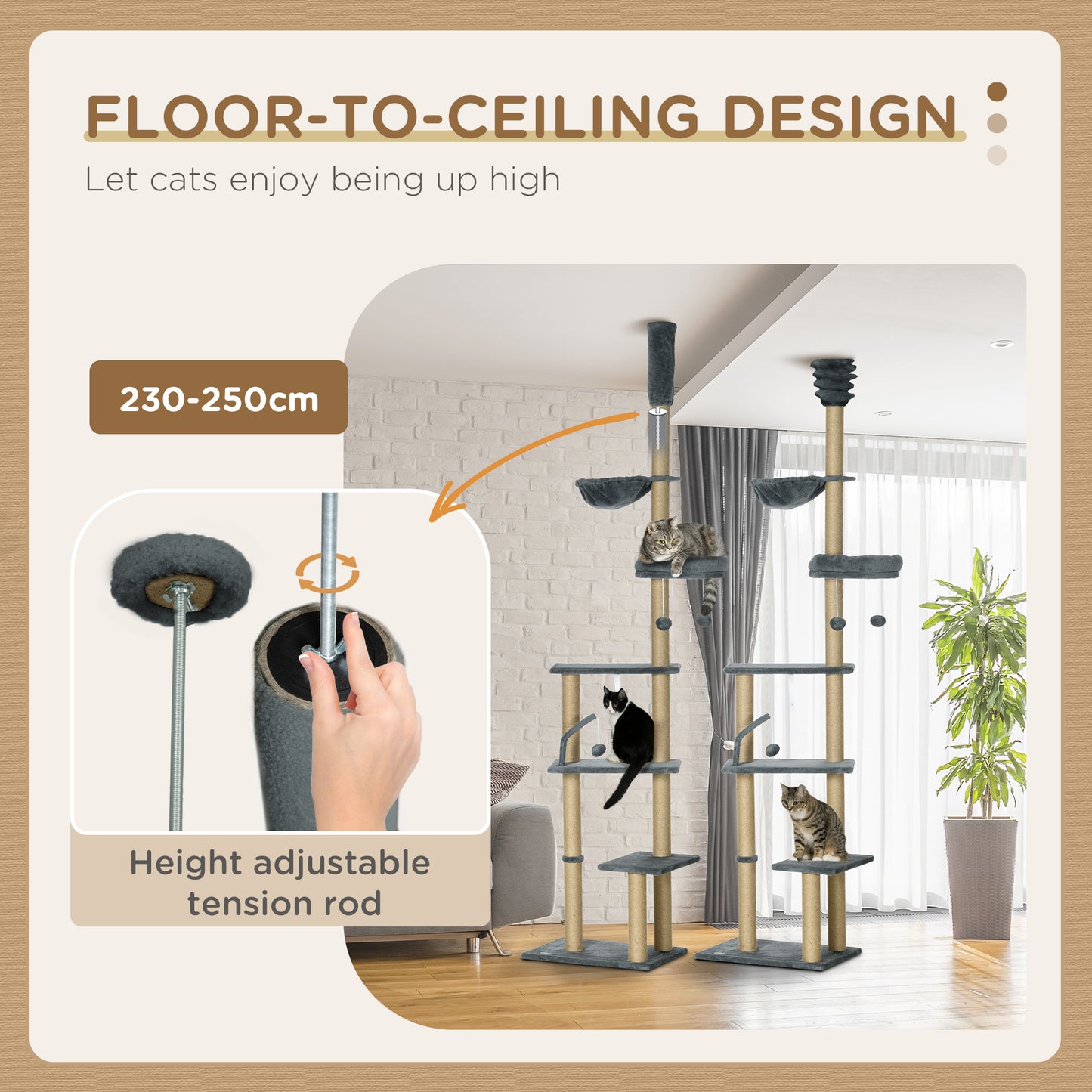 PawHut 230-250cm Floor-to-Ceiling Climbing Cat Tree Tower - Grey