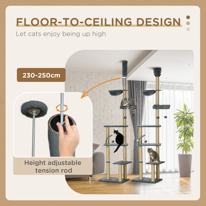 PawHut 230-250cm Floor-to-Ceiling Climbing Cat Tree Tower - Grey