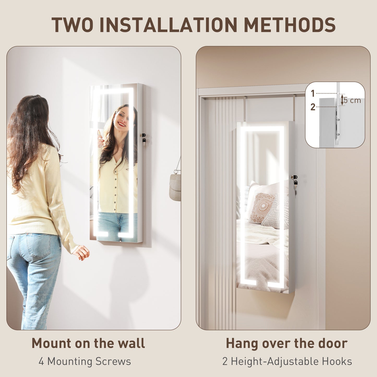 HOMCOM LED Mirror Jewellery Cabinet, Wall Mounted Full Length Mirror with Storage, Lockable Jewellery Organiser, White