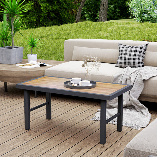 Outsunny Metal Garden Coffee Table, Outdoor Side Table with SPC Woodgrain Tabletop for Outside, Garden, Balcony, Porch, 100 x 53 x 46cm, Brown