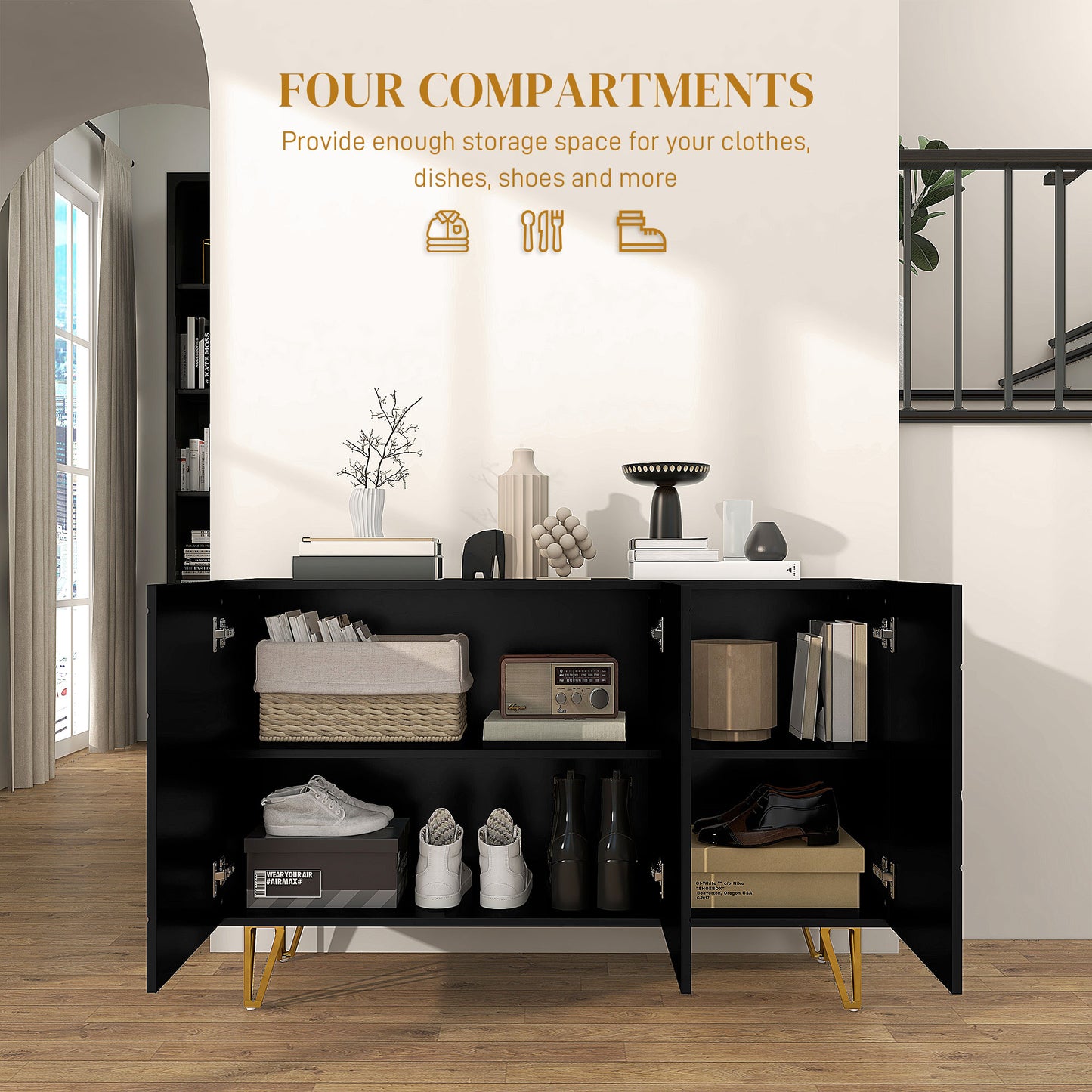 HOMCOM Modern Luxe High Gloss Sideboard, with Hairpin Legs - Black