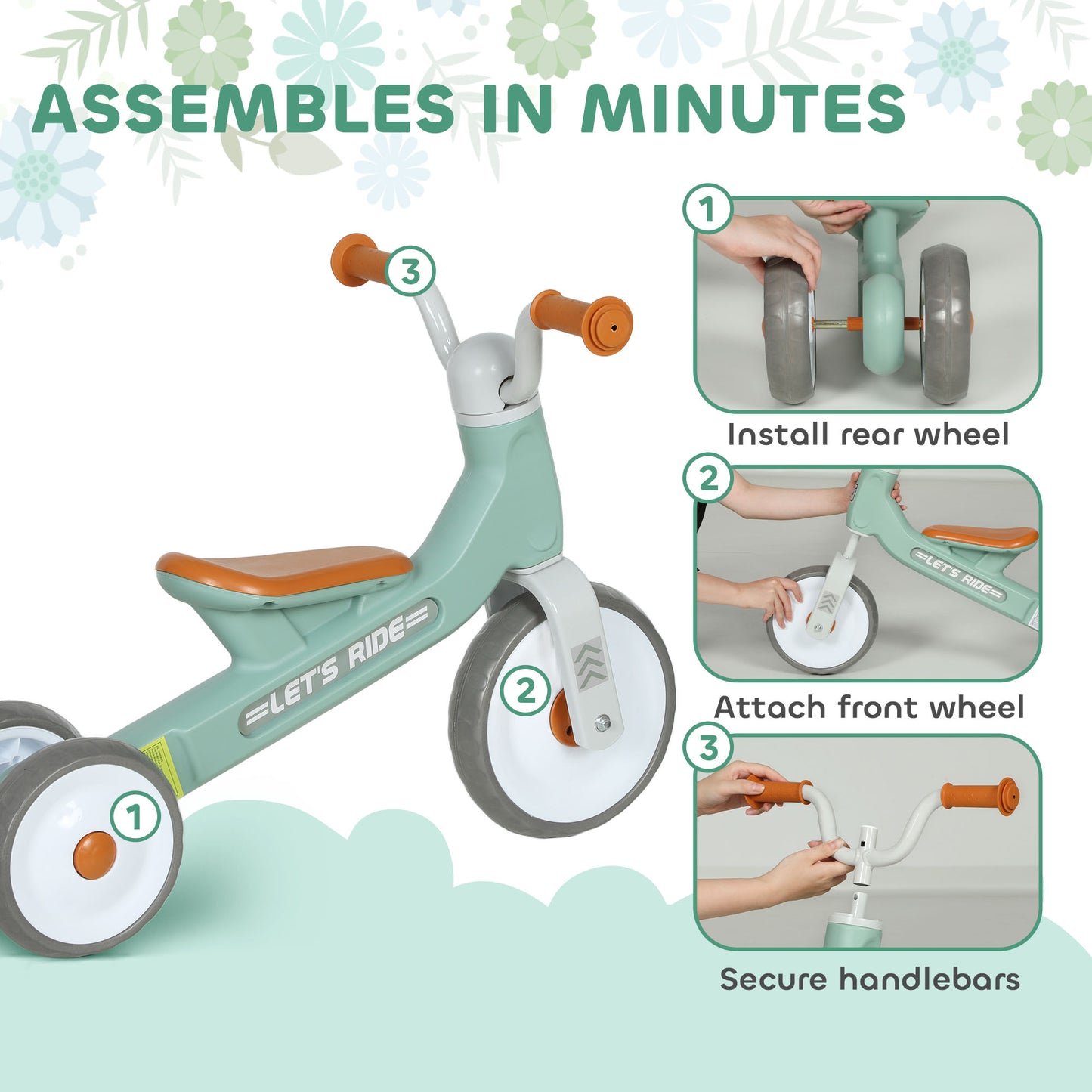 AIYAPLAY Toddler Balance Bike with No Pedal, 3 Silence Wheels for 12-36 Months Boys and Girls, Indoor Outdoor, Green