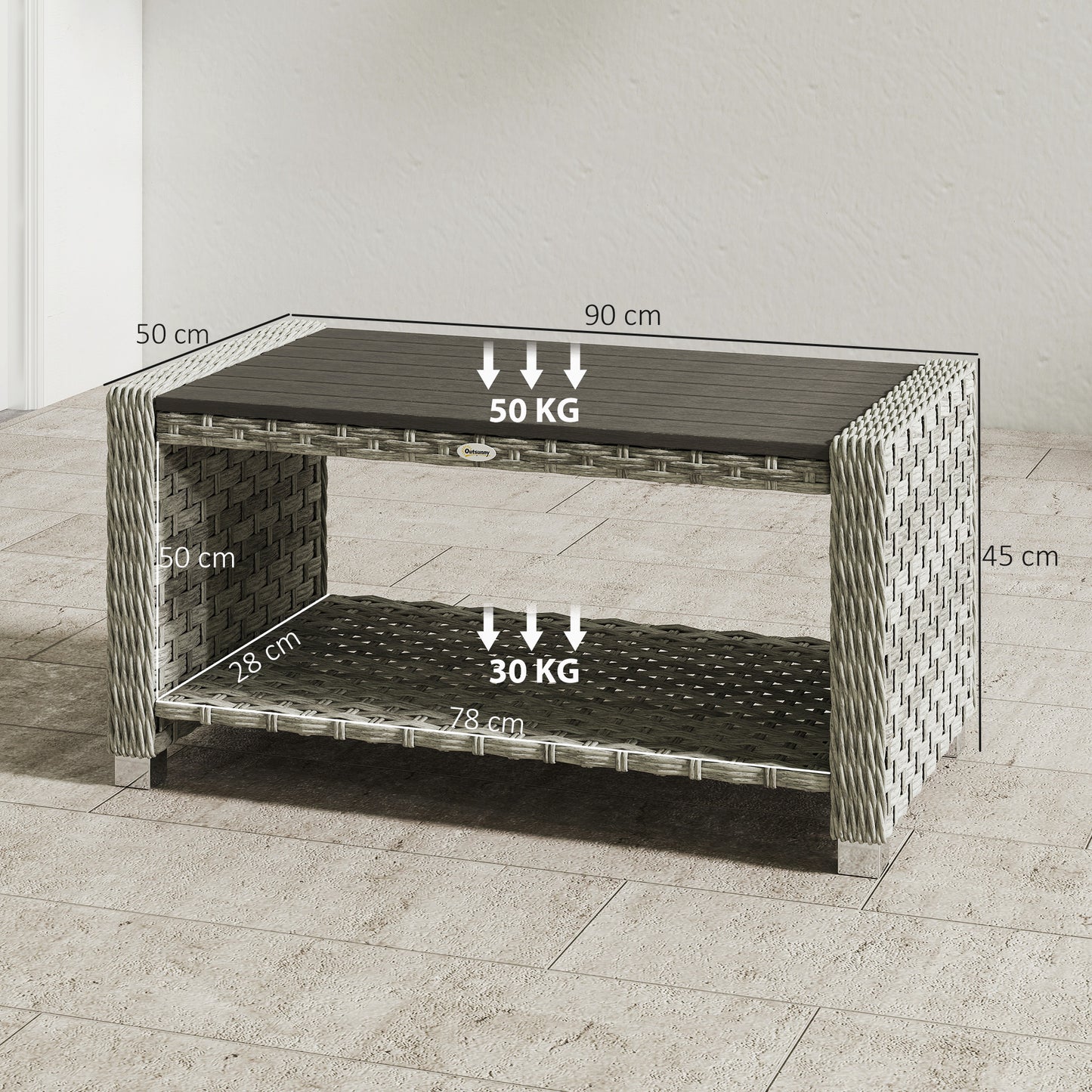 Outsunny Outdoor Coffee Table with Storage Shelf, PE Rattan Side Table with Slatted Top and Foot Pads, Grey