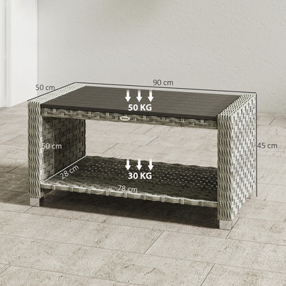 Outsunny Outdoor Coffee Table with Storage Shelf, PE Rattan Side Table with Slatted Top and Foot Pads, Grey