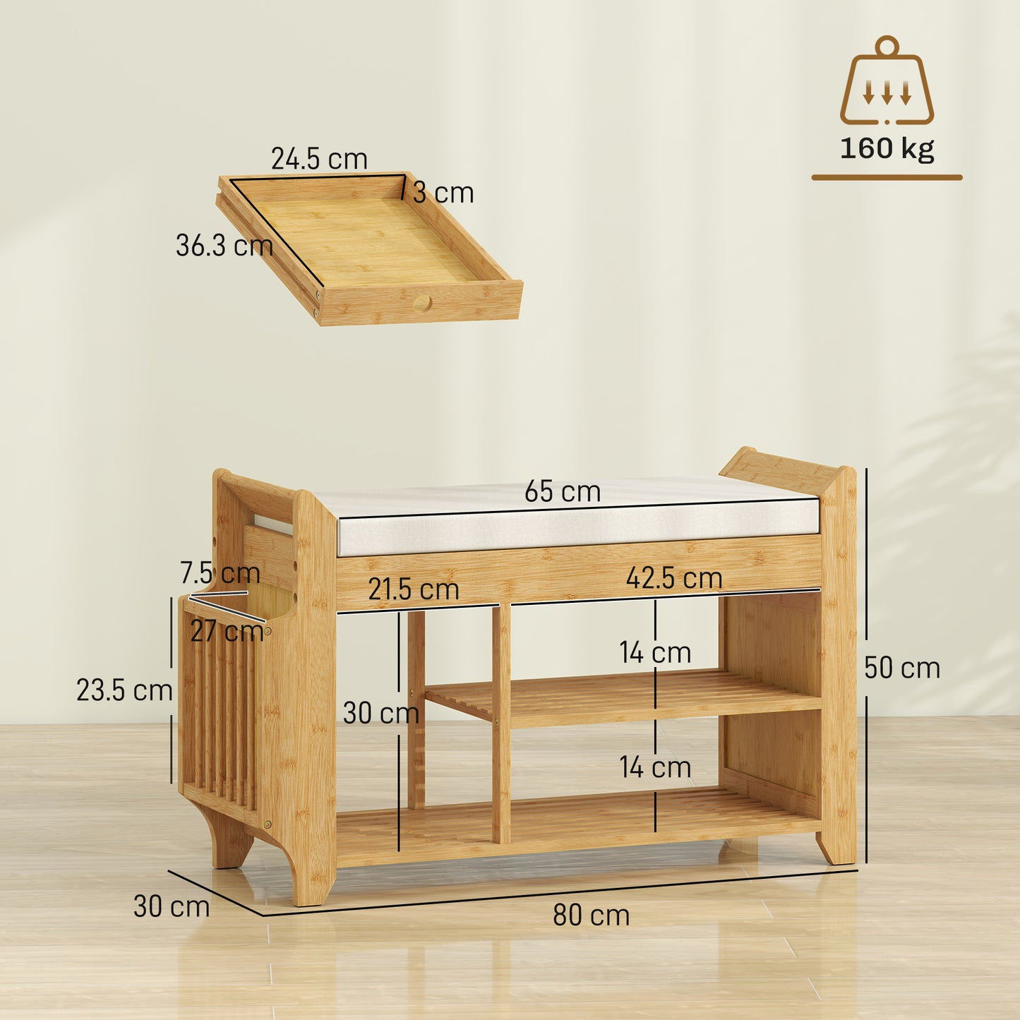 HOMCOM Shoe Bench 2-Tier Boot Section Entryway Storage Bench Cushioned Seat 80 x 30 x 50 cm Natural and Cream