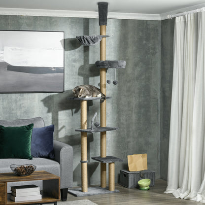 PawHut 230-250cm Floor-to-Ceiling Climbing Cat Tree Tower - Grey