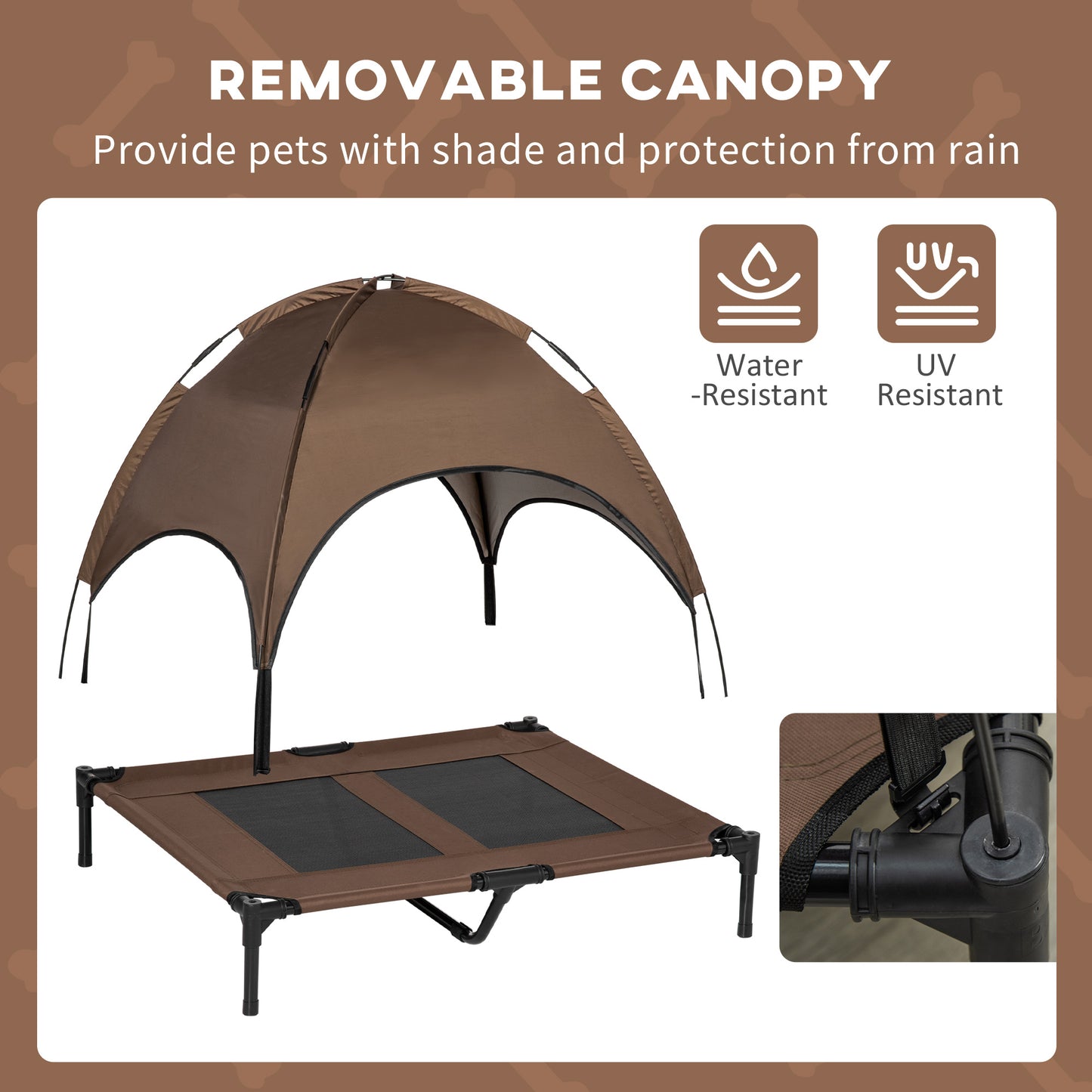 PawHut Raised Dog Bed Waterproof Elevated Pet Cot with Breathable Mesh UV Protection Canopy Brown, for Large Dogs, 92 x 76 x 90cm