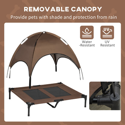 PawHut Raised Dog Bed Waterproof Elevated Pet Cot with Breathable Mesh UV Protection Canopy Brown, for Large Dogs, 92 x 76 x 90cm
