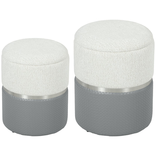 HOMCOM Nesting Round Ottoman with Storage Set of 2 - Cream/Grey