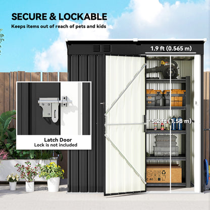 Outsunny 5 x 3 ft Lean-to Garden Shed, Outdoor Storage Shed with Lockable Door and Vents, Dark Grey