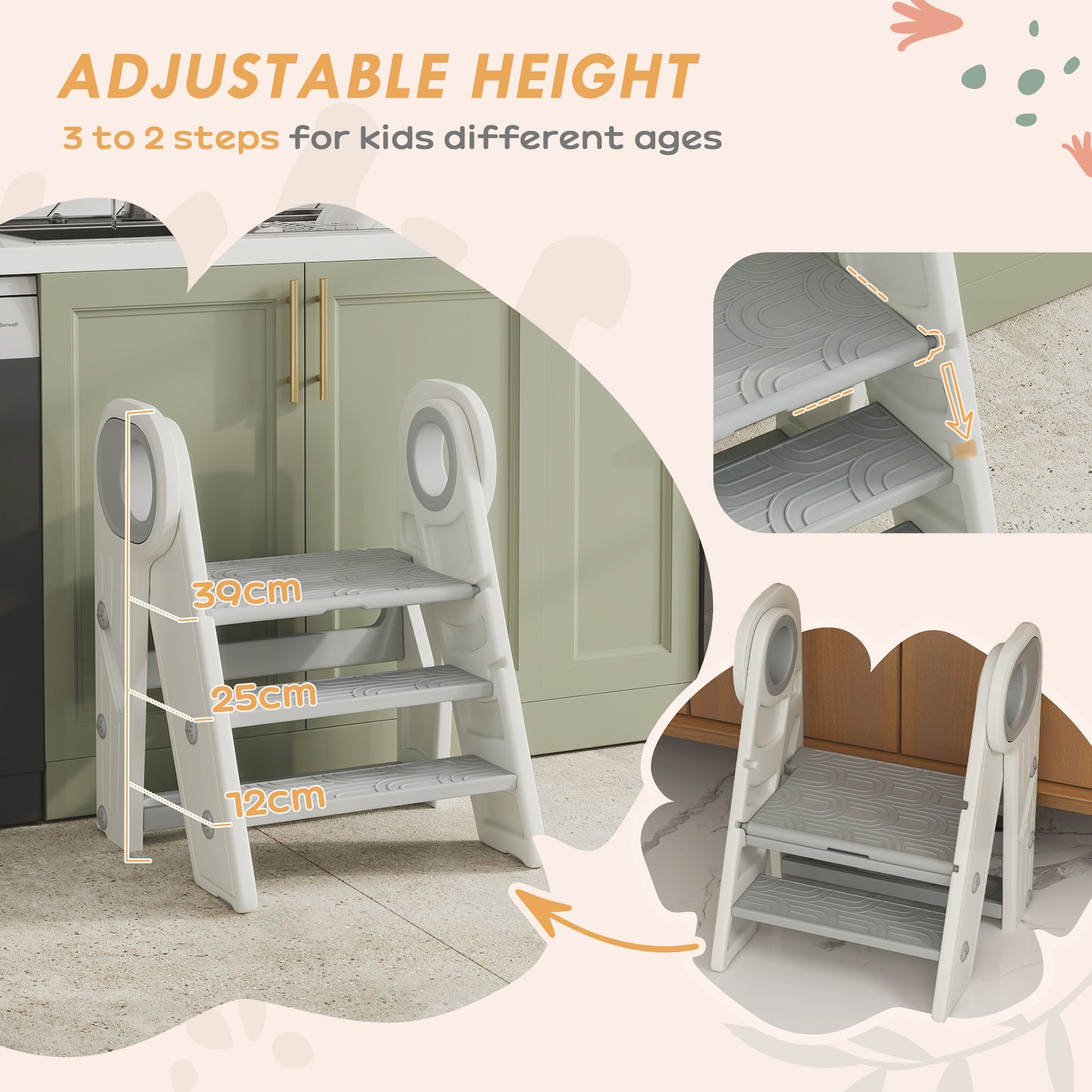 AIYAPLAY Foldable and Adjustable Kids Step Stool with Handle, Non-Slip, Grey