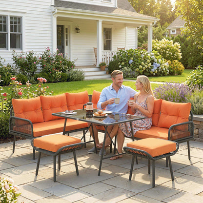 Outsunny 6 Piece Rattan Garden Furniture Set, 8 Seater Garden Corner Sofa with Cushions and Glass Top Table, Orange