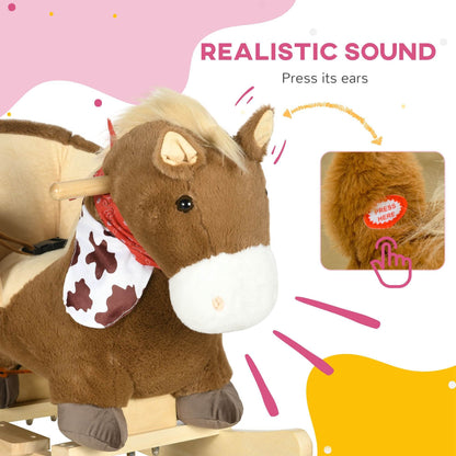HOMCOM Kids Rocking Horse, with Secure Harness, Sounds, Foot Pedals - Brown